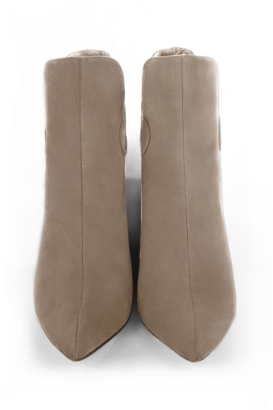Tan beige women's ankle boots with buckles at the back. Tapered toe. Very high slim heel. Top view - Florence KOOIJMAN